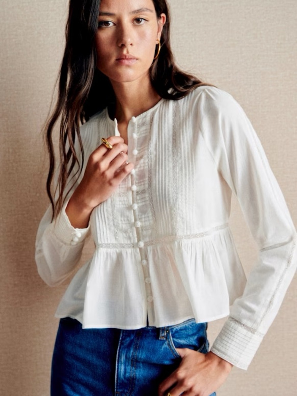 Sézane Charlina Blouse Ecru White Lace Pleated Peplum Top Size 36